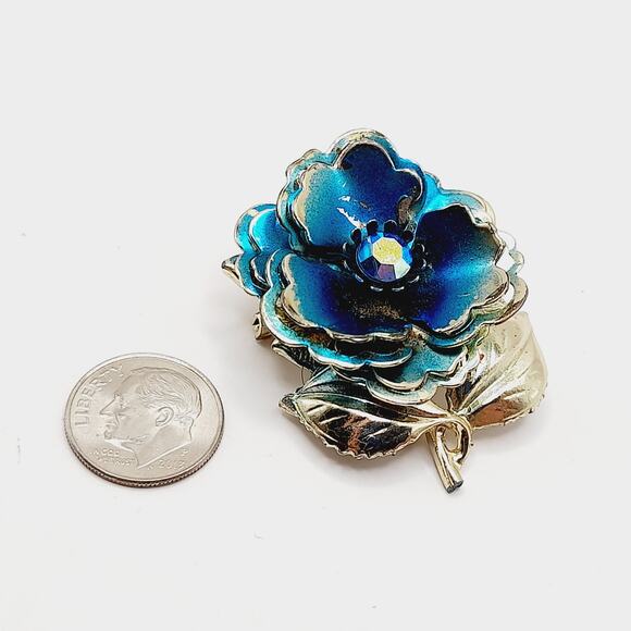 Vintage Blue Enamel Flower Brooch, AB Rhinestone, Silver Tone, 1 3/4 Inches - Picture 6 of 9